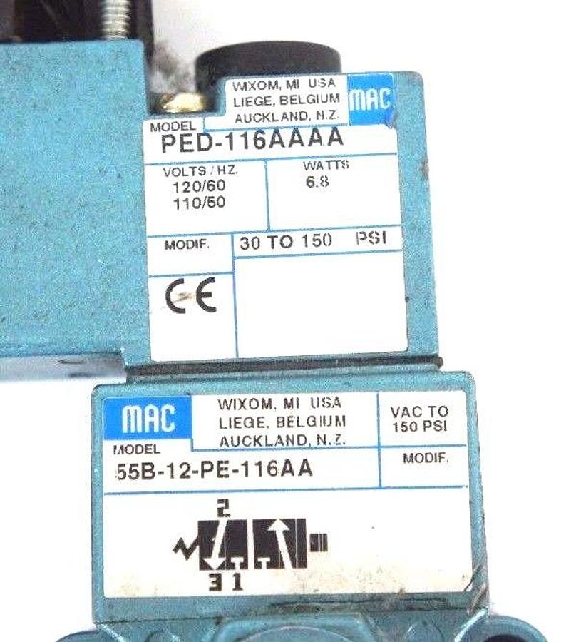 Used MAC 55B-12-PE-116AA VALVE W/ PED-116AAAA, 6.8 WATTS, 30 TO 150 PSI CRACK ON COIL