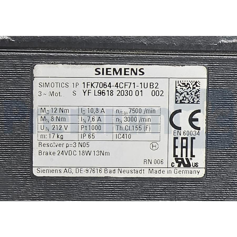 Used SIEMENS 1FK7064-4CF71-1UB2 SIMOTICS S120 SERVO MOTOR 2.5kW w/HOLDING BRAKE NSNP