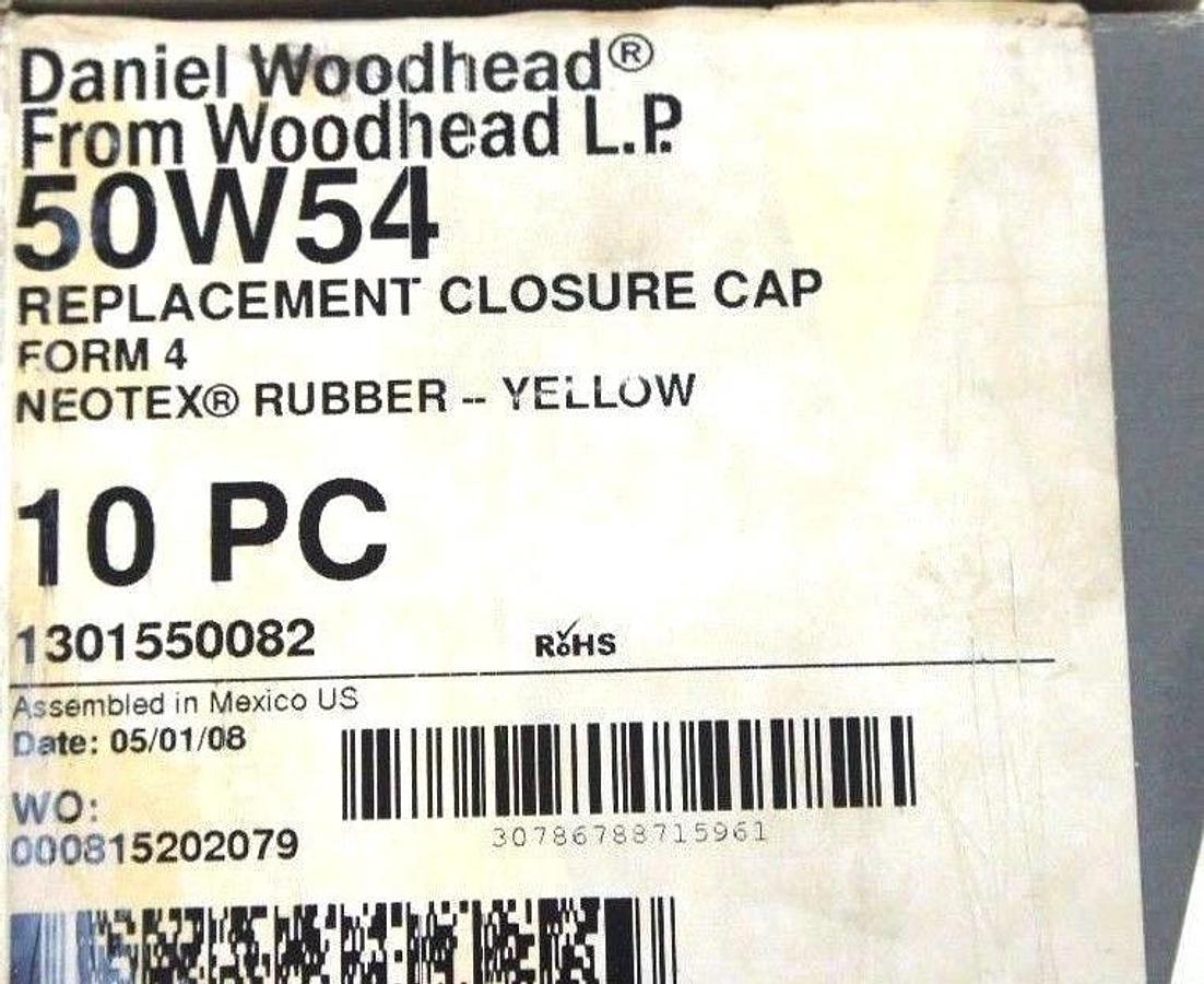 BOX OF 10 NEW DANIEL WOODHEAD 50W54 REPLACEMENT CLOSURE CAPS FORM 4, YELLOW