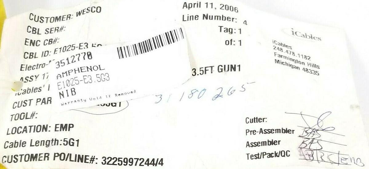 Used iCABLES E1025-E3.5G2 17P F 90DEG TO 19P M HIFLEX 3.5FT CORDSET E1025-E3.5G3