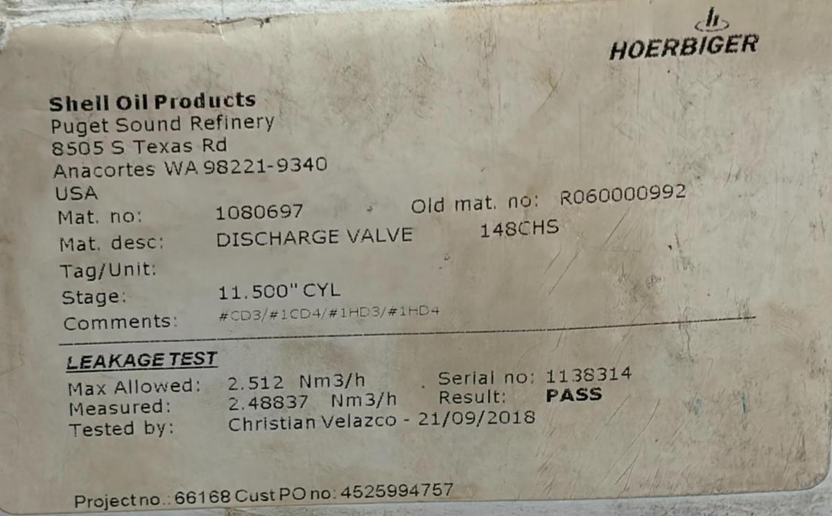 Used Lot of 4 Hoerbiger 1080697 Compressor Discharge Valve 11.500 148CHS R060000992