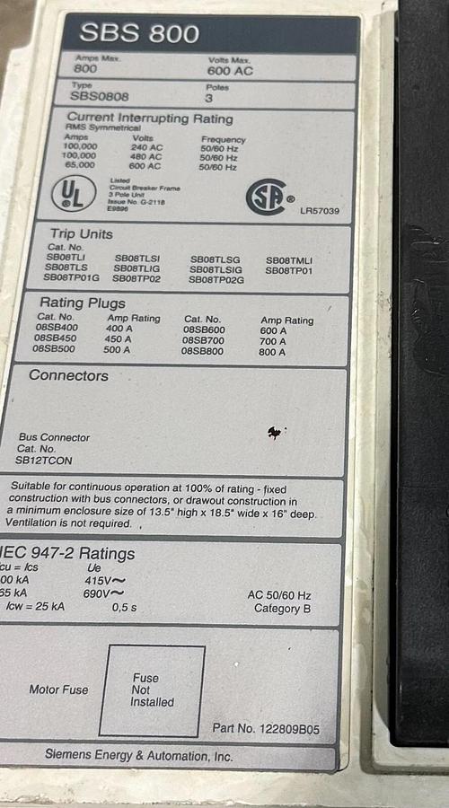Used SIEMENS SBS0808F SBS 800 CIRCUIT BREAKER 800A 3P 600VAC W/ 600A TRIP UNIT