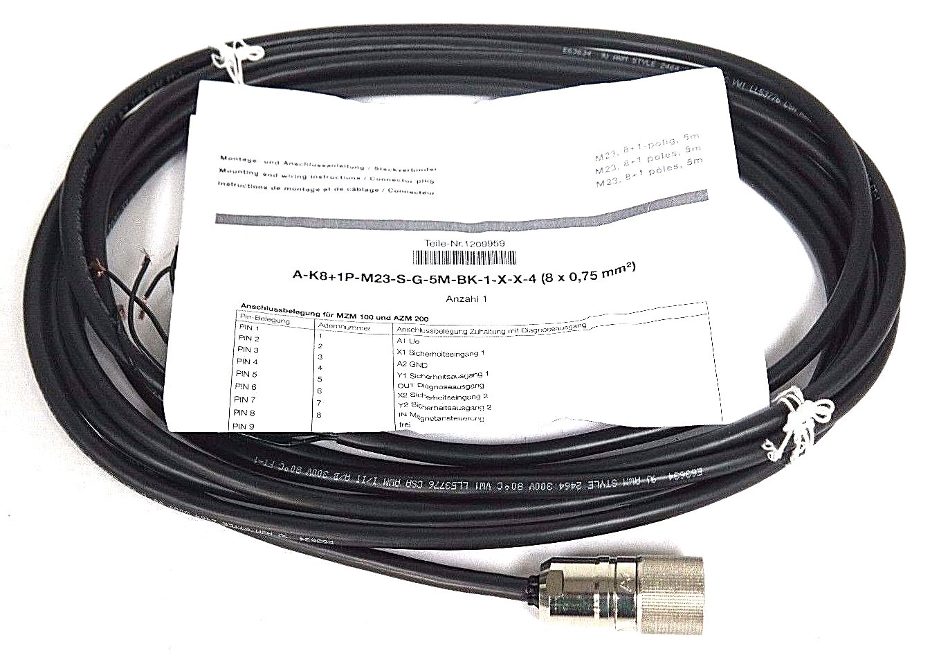 NEW SCHMERSAL 1209959 CONNECTOR CABLE A-K8+1P-M23-S-G-5M-BK-1-X-X-4 (8X0.75MM^2)