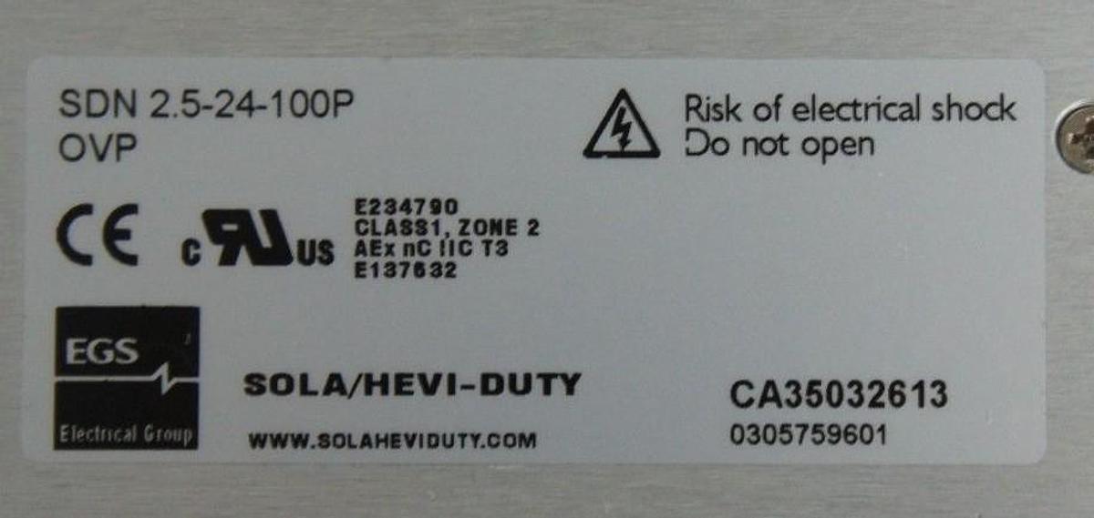 Used SOLA ELECTRIC SDN-2.5-24-100P POWER SUPPLY 24VDC 2.5AMP SDN2524100P