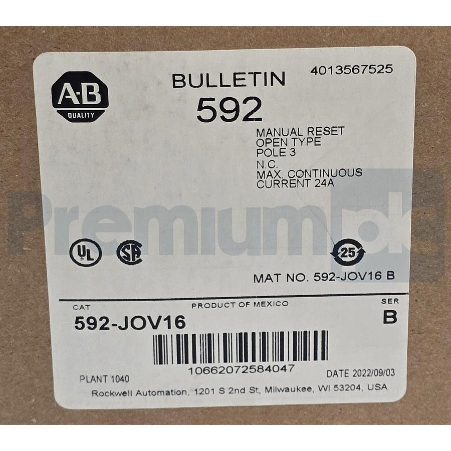Used Allen-Bradley 592-JOV16 /B Overload Relay 3-Pole 24A 1 N.C. Manual Reset NSMP