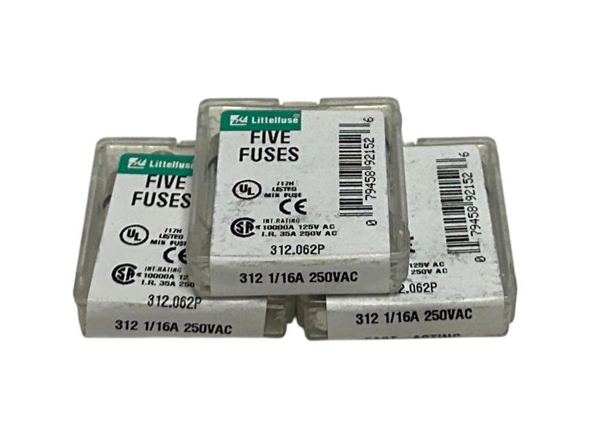 Used 15 LITTELFUSE 312.062P / 312.062VXP GLASS FUSES 312 1/16A 250VAC OEM NSMP