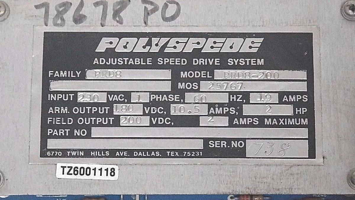 Used POLYSPEDE MODEL PRD8-200 ADJUSTABLE SPEED DRIVE 2HP, 1 PHASE, PRD8200