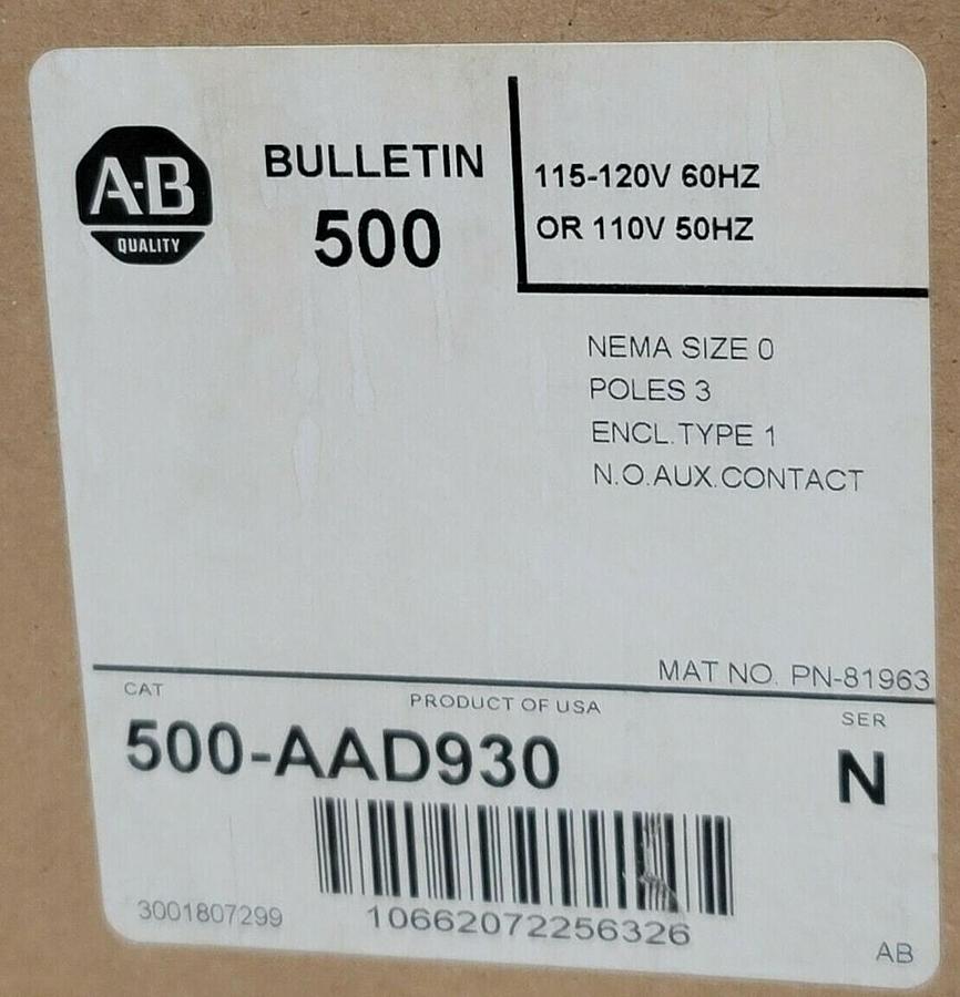 Used NEW ALLEN BRADLEY 500-AAD930 SER. N CONTACTOR SIZE 0 500AAD930