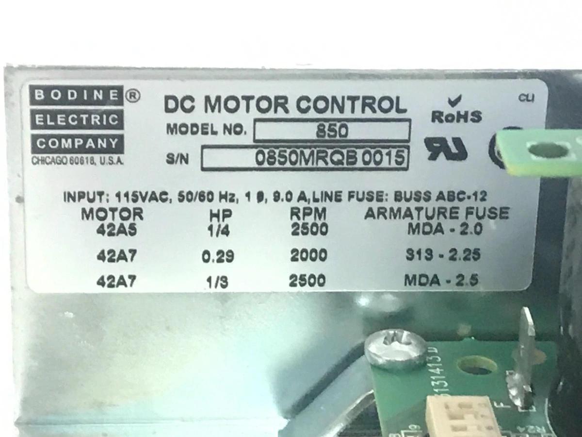 Used BODINE ELECTRIC 850 DC MOTOR SPEED CONTROL 115VAC 50/60HZ 1P 9.0A 1/4HP. 1H