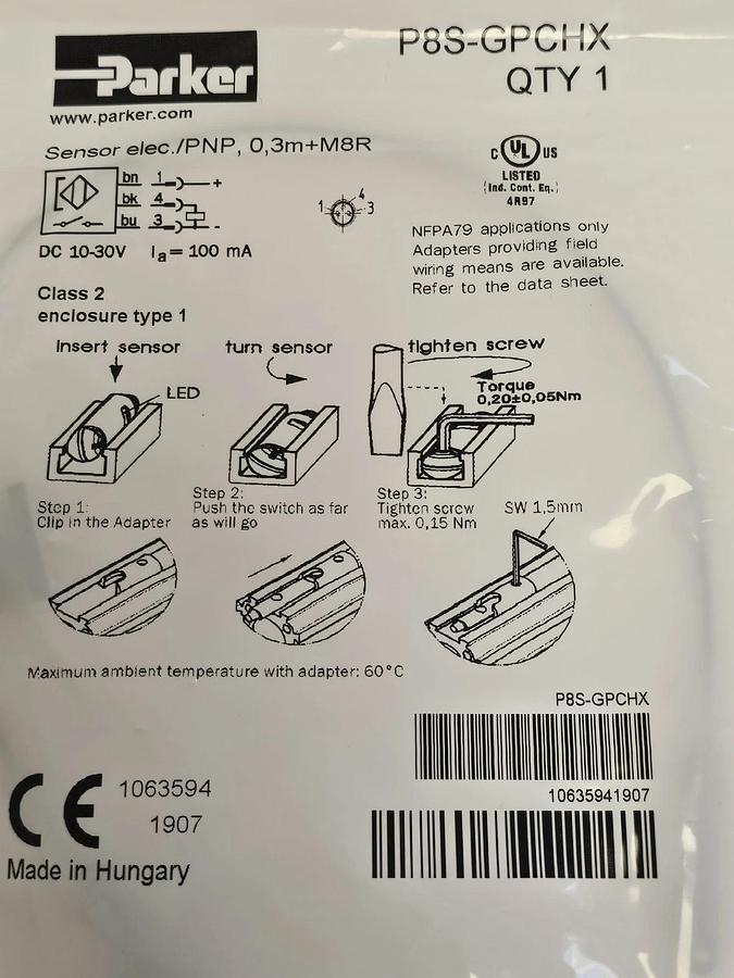 Used NEW PARKER P8S-GQCHX FLOW SENSOR PS8GQCHX 10...30V