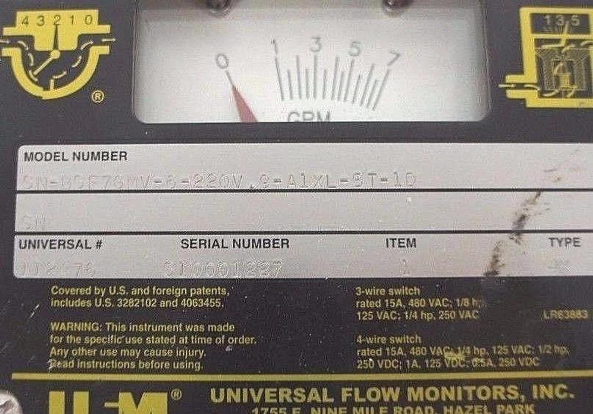 Used UNIVERSAL FLOW MONITORS SN-BSF7GMV-6-220V.9-A1XL-ST-1D FLOW MONITOR 0-7 GPM
