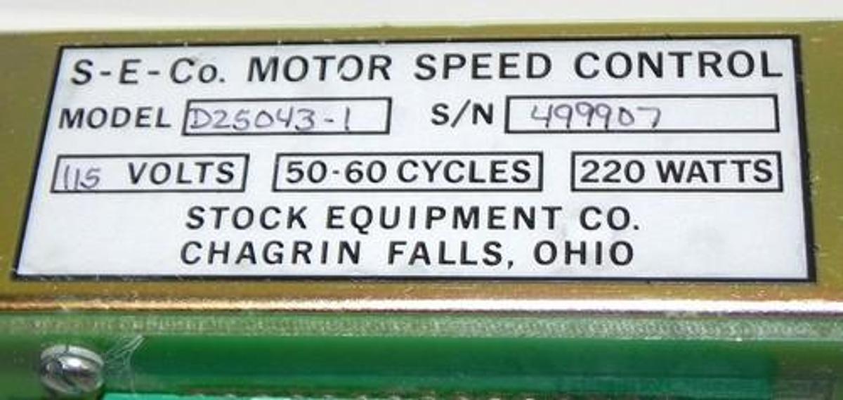 Used STOCK EQUIPMENT COMPANY D25043-1 MOTOR SPEED CONTROL 115VOLTS 220WATTS D250431