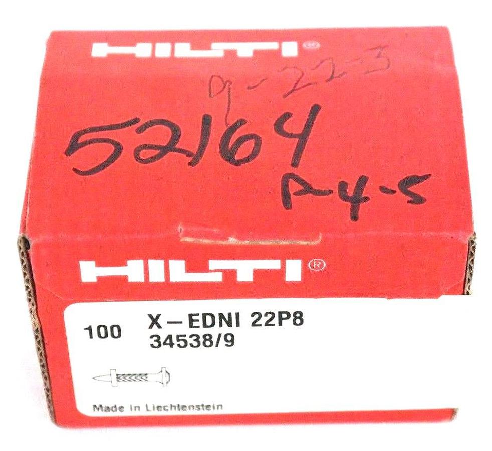 Used BOX OF 100 NEW HILTI X-EDNI 22P8 PIN NAIL FASTENERS 34538/9