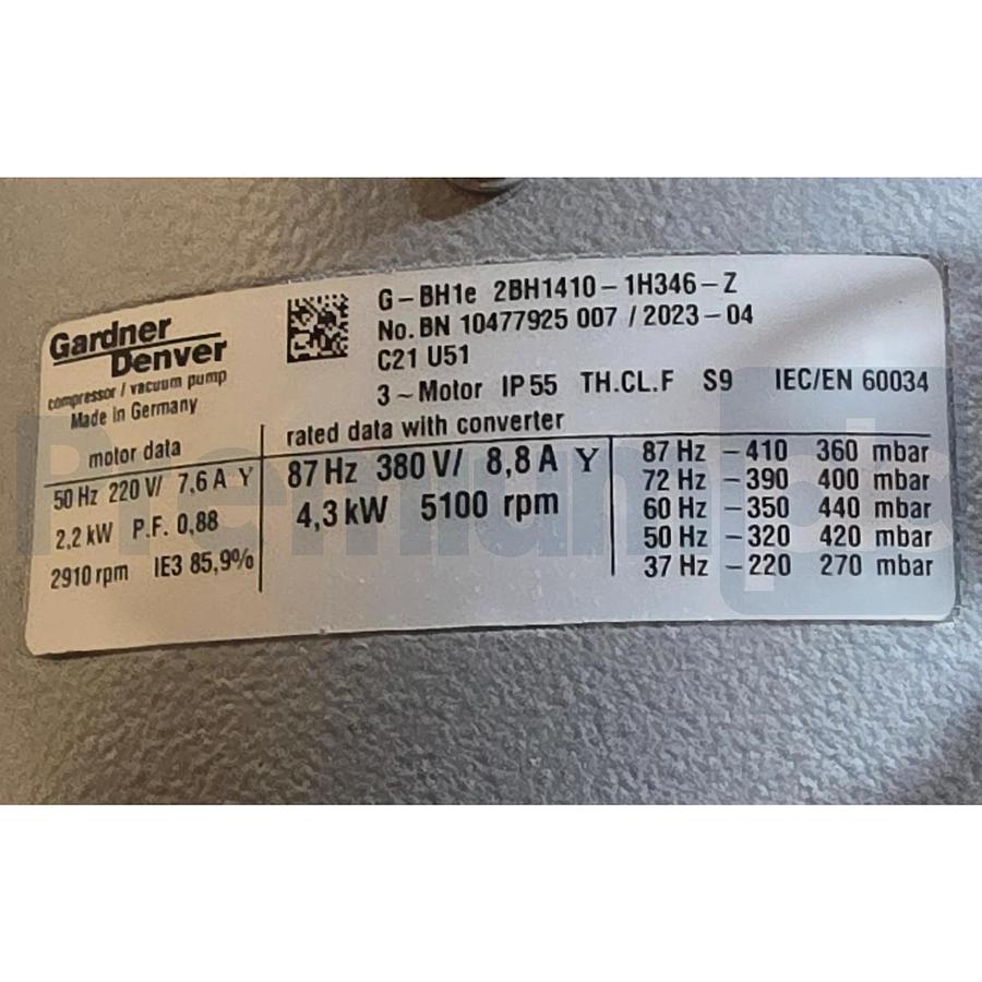 Gardner Denver Elmo G-BH1e 2BH1410-1H346-Z Side Channel Blower 4.3kW w/Converter