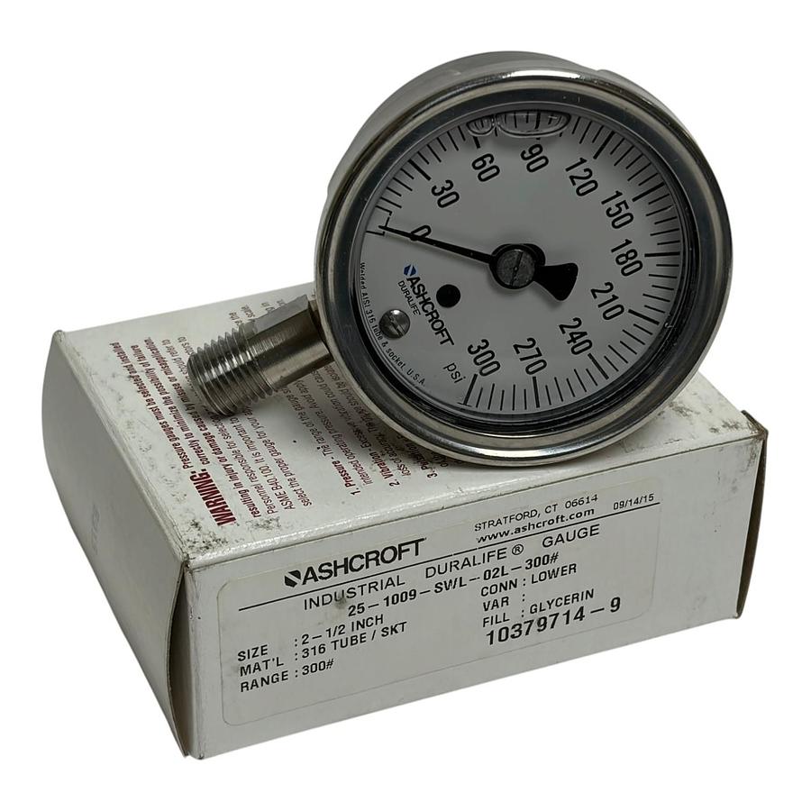Used Ashcroft 25-1009-SWL-02L-300# Duralife 2.5" Pressure Gauge 300 PSI Glycerin New
