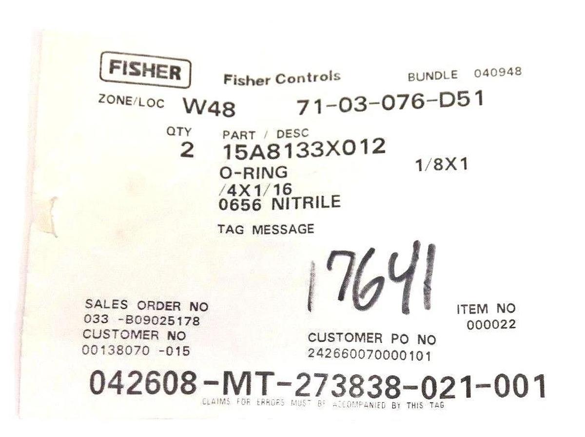NIB FISHER CONTROLS 15A8133X012 O-RINGS QTY: 2