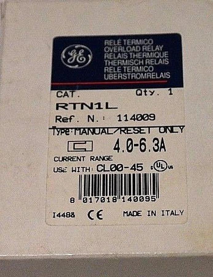 Used NIB GENERAL ELECTRIC RTN1L OVERLOAD RELAY 4.0-6.3A