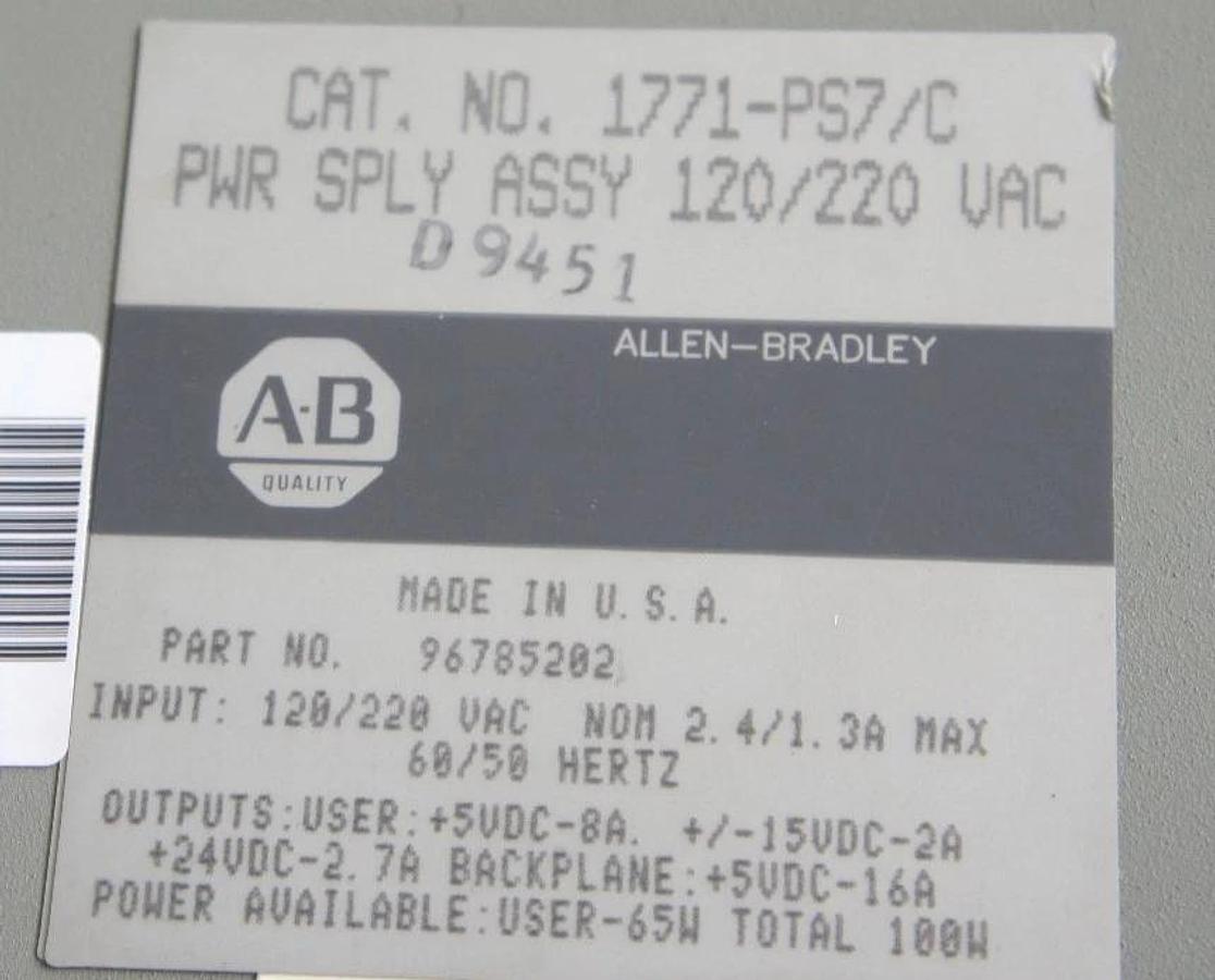 Refurbished REPAIRED ALLEN BRADLEY 1771-PS7/C POWER SUPPLY MODULE P/N 96785202 120/220 VAC