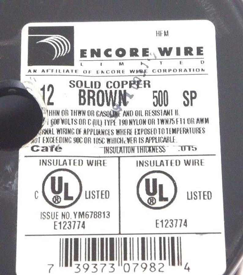 NEW ENCORE WIRE YM678813 12 AWG BROWN SOLID COPPER WIRE 500FT E123774