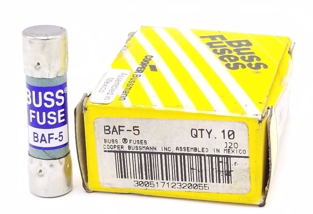 Used BOX OF 9 NEW COOPER BUSSMANN BAF-5 BUSS FUSES BAF5, 5AMP, 250V