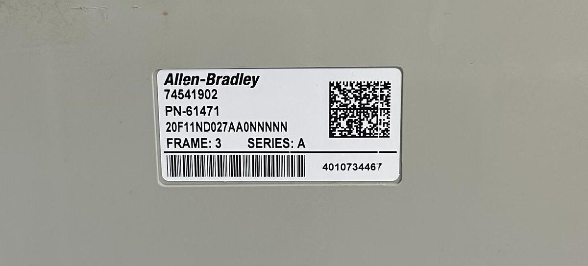 Used ALLEN BRADLEY 20F11ND027AA0NNNNN /A PowerFlex 753 AC DRIVE 15kW/20HP 432-528V