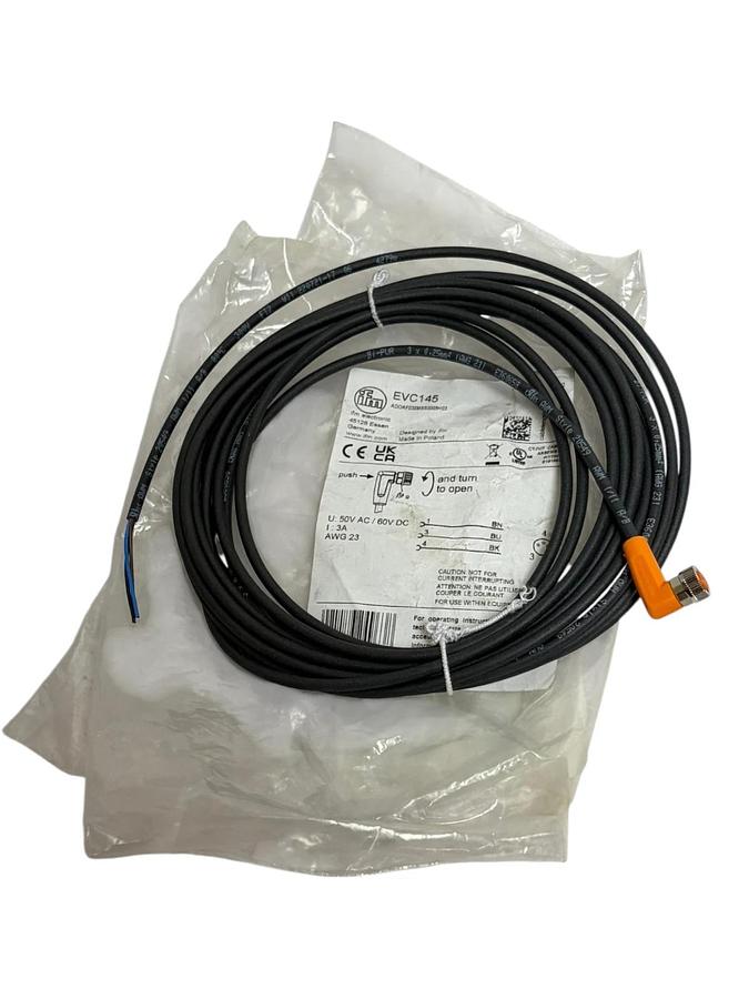 ifm EVC145 5M Right Angle M12 Sensor Cable 3-Wire 50V AC 60V DC AWG 23 New Open