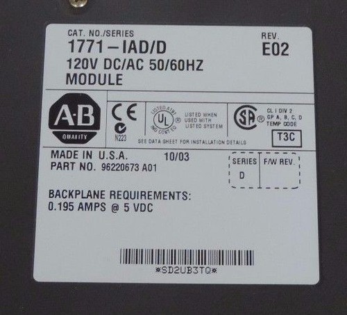 Used ALLEN BRADLEY 1771-IAD/D INPUT MODULE REV. E02 P/N 96220673 A01