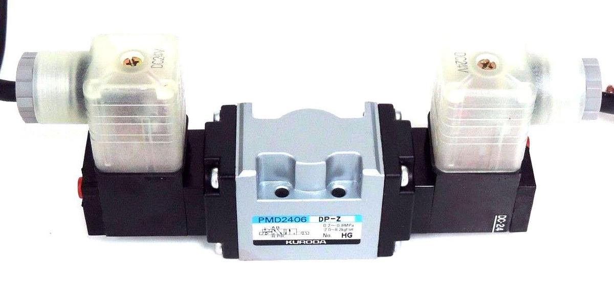 Used NIB KURODA PMD2406-NB-D24DP-Z SOLENOID VALVE HG, .2/.8MPA W/ AHR DC-24 COILS
