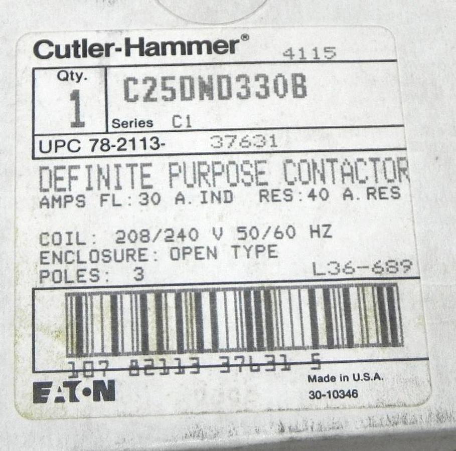 NIB CUTLER HAMMER C25DND330B DEFINITE PURPOSE CONTACTOR