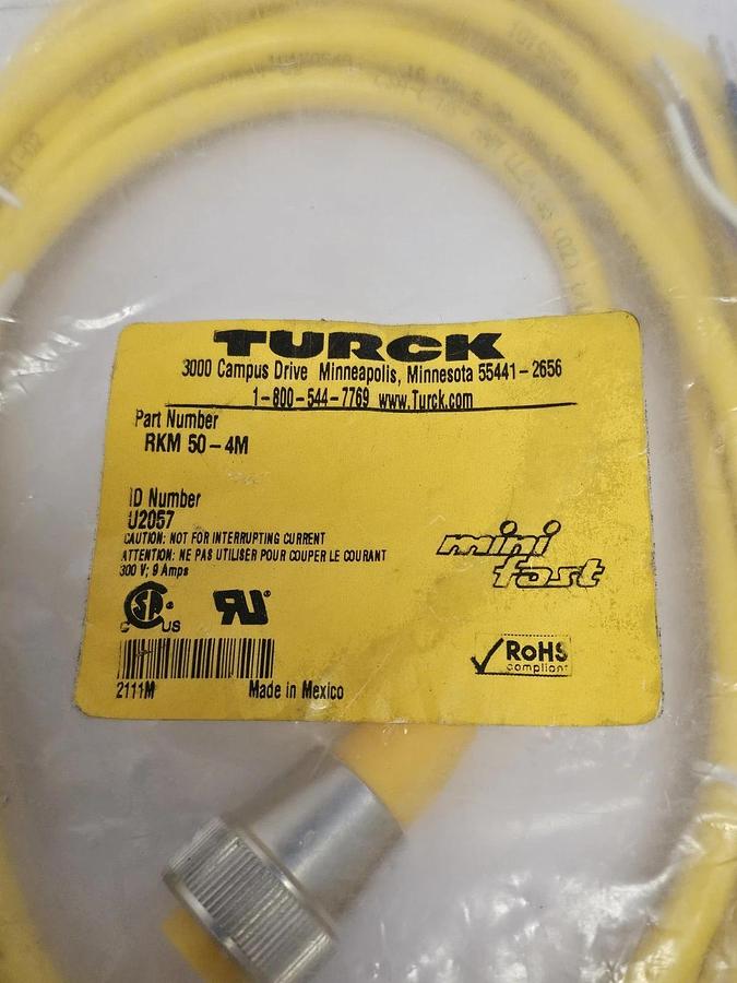 Used NEW TURCK RKM 50-4M CORDSET SINGLE ENDED ID NUMBER: U2057 LENGTH: 4M