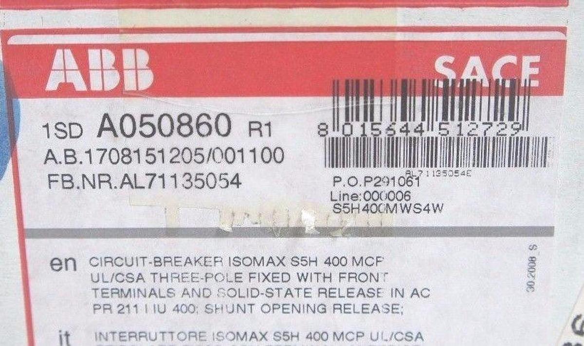 Used NIB ABB S5H400MWS4W MCP S5H 400A 3P I ST WELDING CIRCUIT BREAKER