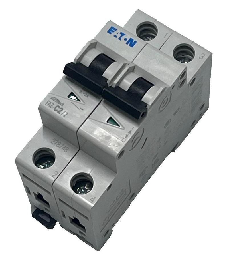 Used EATON FAZ-C2/2 278748 MINIATURE CIRCUIT BREAKER 2A, 2POLE, DIN RAIL MOUNT FSMP