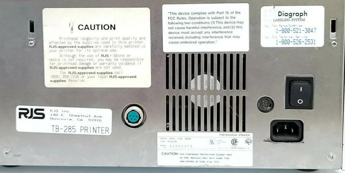 Used RJS IP8400V THERMABAR VERFIED PRINTING SYSTEM TB-285 PRINTER