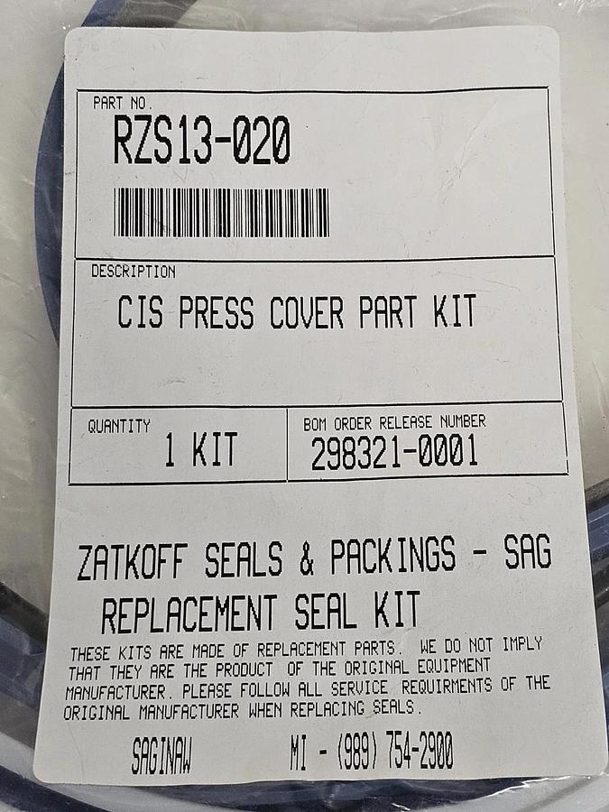 Used NEW ZATKOFF SEALS RZS13-020 CIS PRESS COVER PART KIT RZS13020