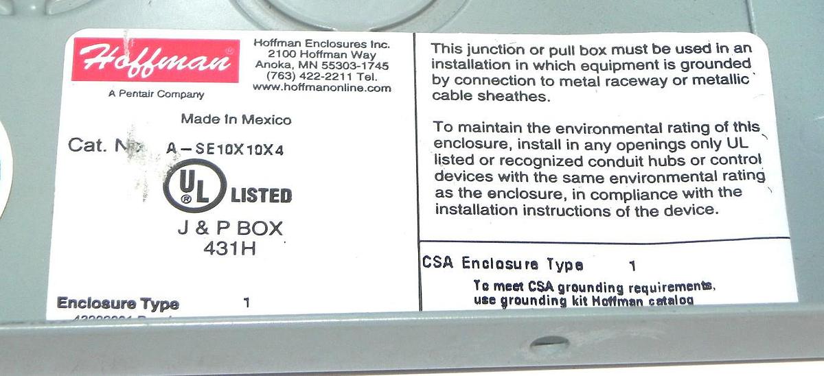 Used NEW HOFFMAN ENCLOSURES A-SE10X10X4 PULL BOX ASE10X10X4