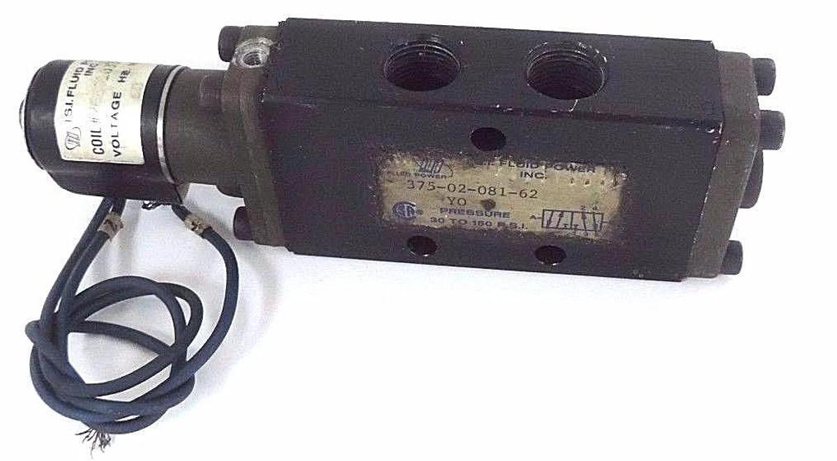 Used FLUID POWER 375-02-081-62 PNEUMATIC VALVE 30 TO 150 PSI W/ 26E01033 COIL