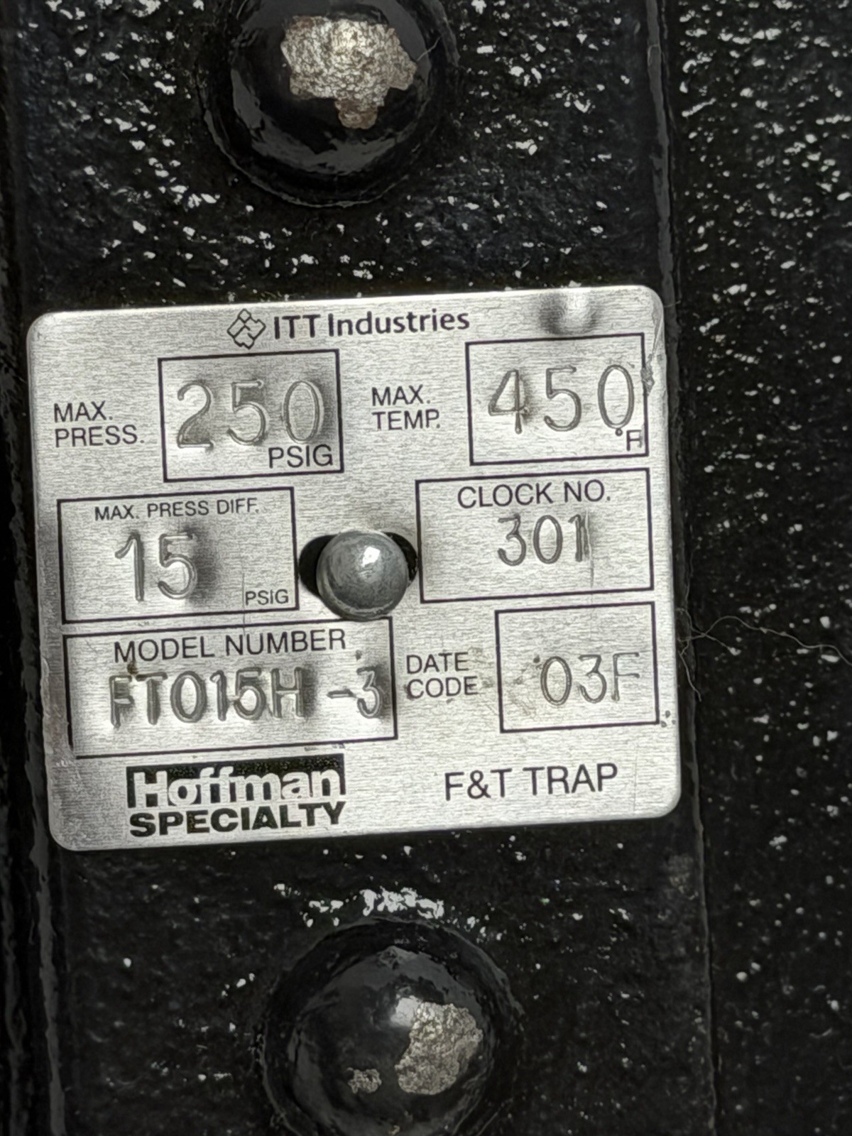 Used NEW HOFFMAN SPECIALTY FT015H-3 F&T TRAP MAX PRESS. 250 PSIG CLOCK NO. 301