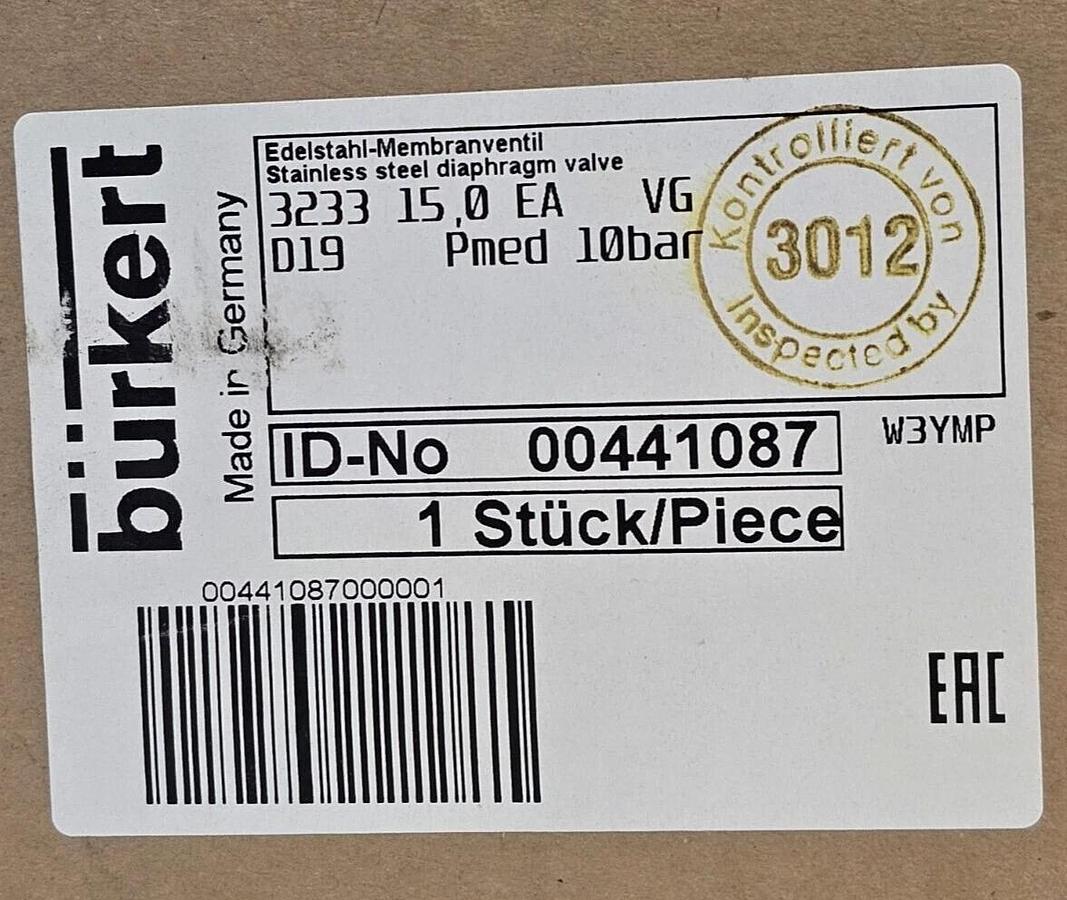 NIB BURKERT 3233 15,0 EA VG DIAPHRAGM VALVE ID-NO: 00441087