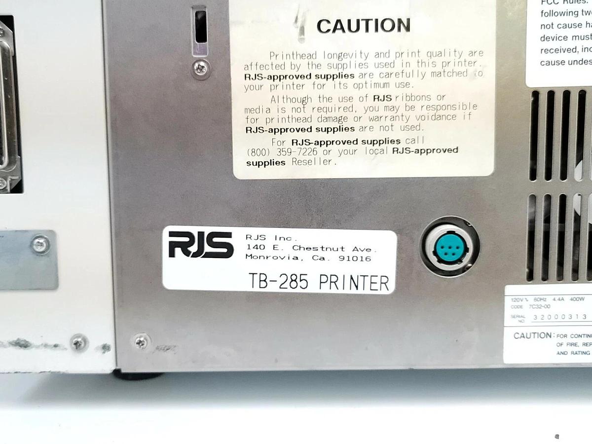 Used RJS IP8400V THERMABAR VERFIED PRINTING SYSTEM TB-285 PRINTER