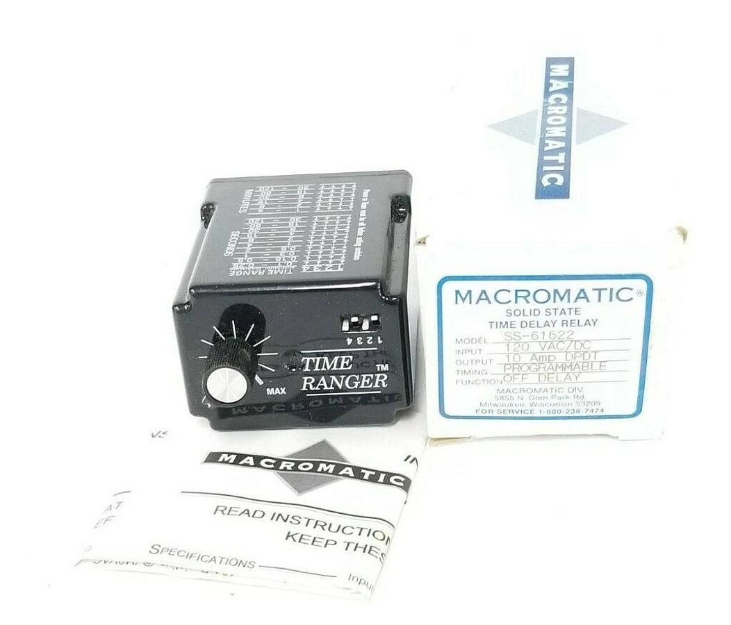 Used NIB MACROMATIC SS-61622 SOLID STATE TIME DELAY RELAY SS61622, 120 VAC/DC, 10 AMP