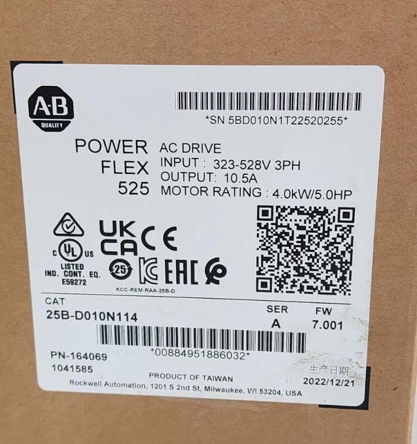 Used FACTORY SEALED 25B-D010N114 POWERFLEX 525 AC DRIVE SER. A FW: 7.001