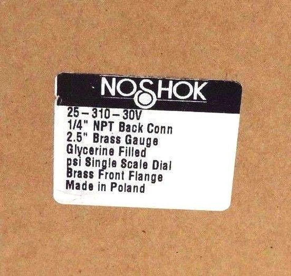 Used NIB NOSHOK 25-310-30V 2.5'' BRASS GAUGE 1/4'' NPT BACK CONN., 2531030V