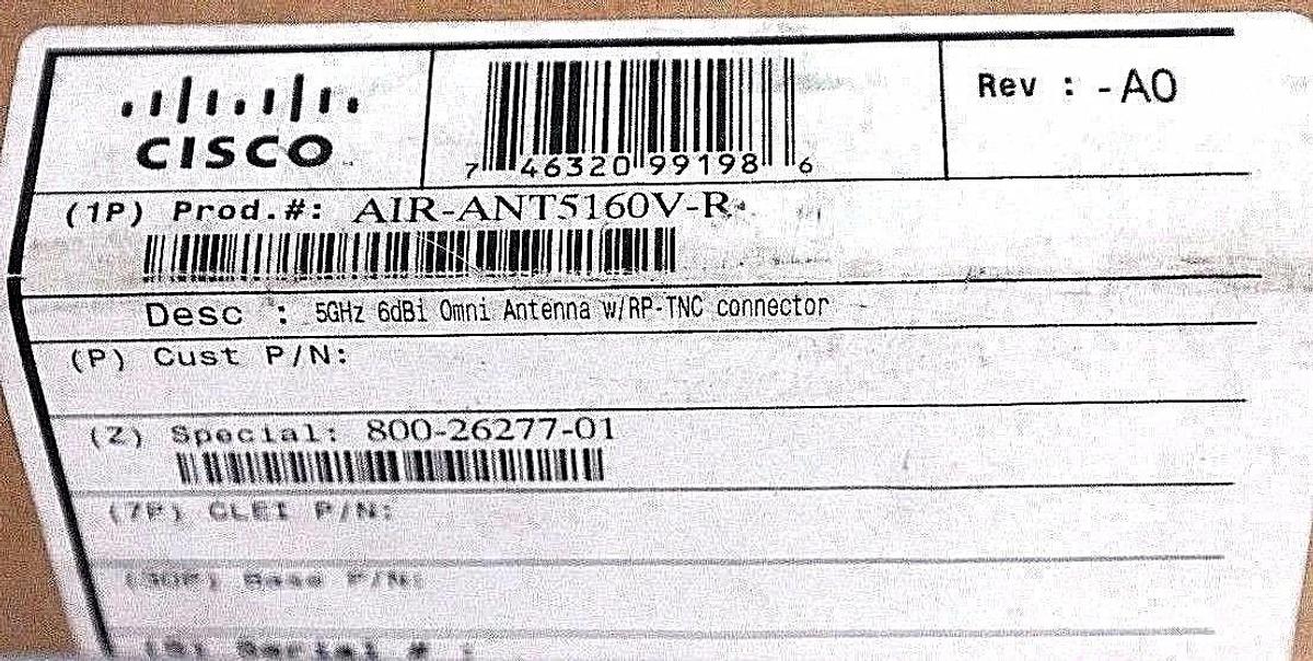 Used NIB CISCO AIR-ANT5160V-R 50HZ 6DBI OMNI ANTENNA W/ RP-TNC CONNECTOR REV: -A0