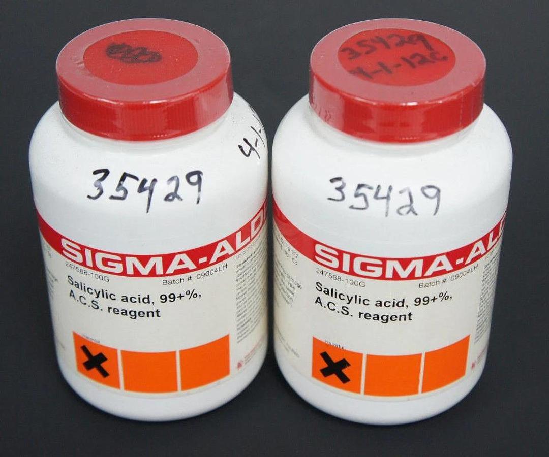 Used LOT OF 2 NEW SIGMA-ALDRICH 247588-100G SALICYLIC ACID BOTTLES 99+% A.C.S REAGENT