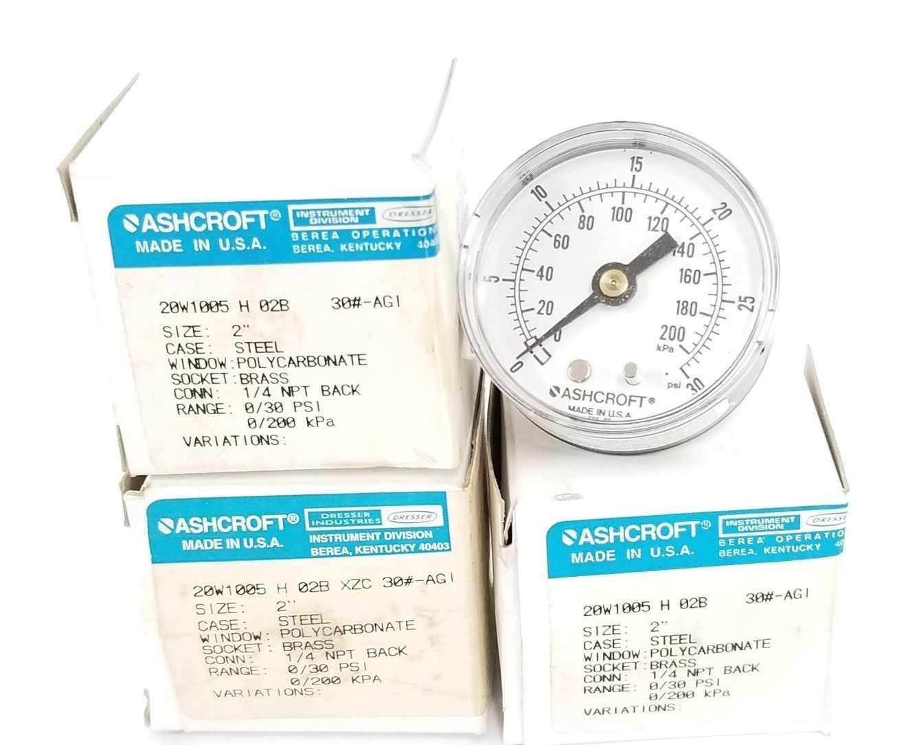 LOT OF 3 NIB ASHCROFT 20W1005H02B PRESS. GAUGE 1/4'' NPT, 0/30 PSI, 20W1005H02BX