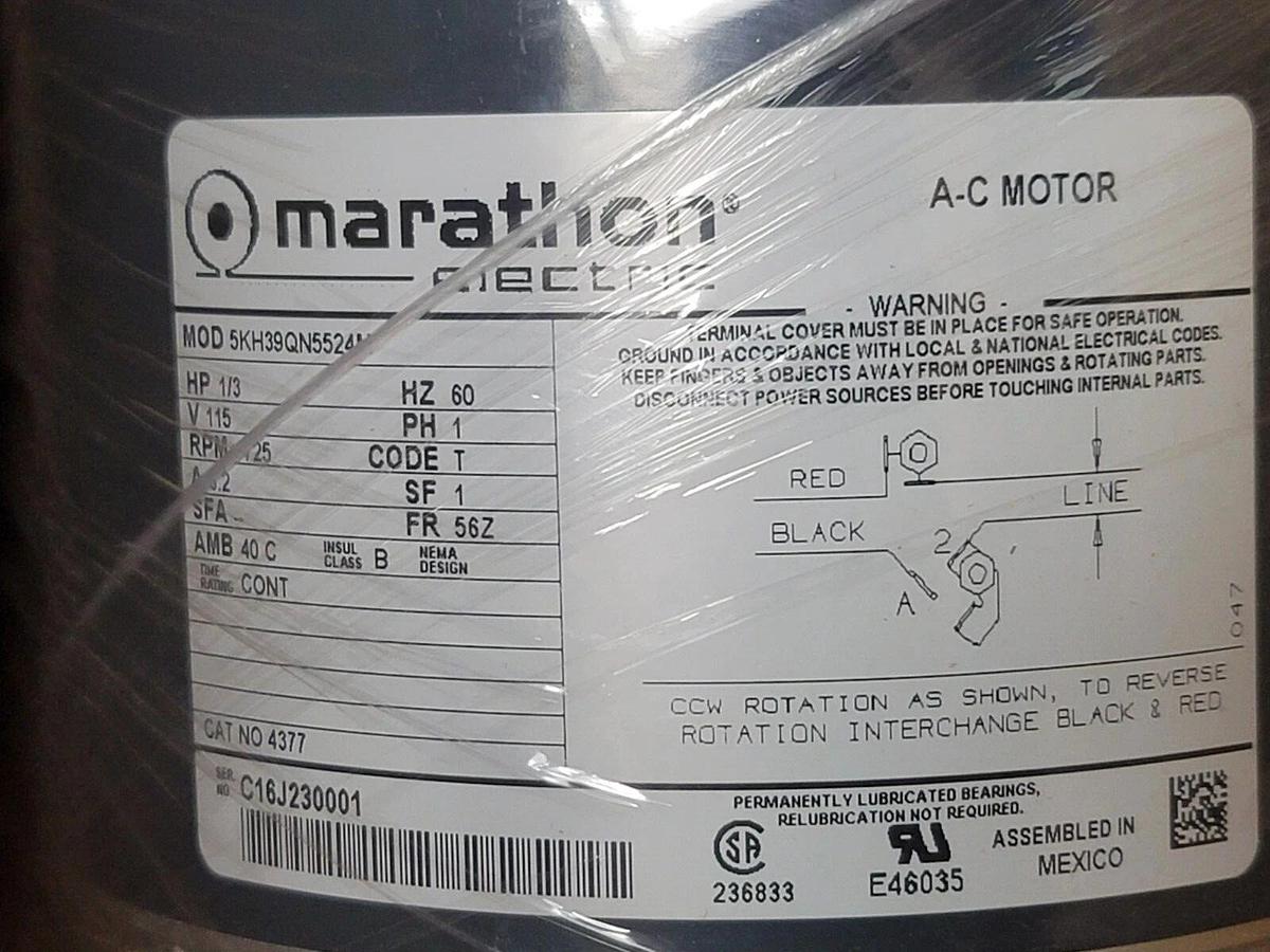 Used NIB MARATHON 5KH39QN5524 MOTOR HP: 1/3 RPM: 1725 PHASE: 1
