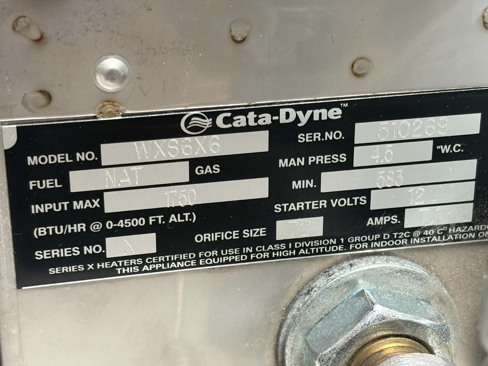 Used Cata-Dyne WXS6X6 WXS0606-111426 Explosion Proof Catalytic Gas Line Heater New