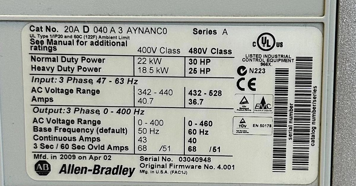 Used ALLEN BRADLEY 20AD040A3AYNANC0 PowerFlex 70 AC DRIVE 22kW/30HP 400-480V 4.001
