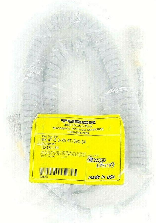 Used NEW TURCK RK 4T-3.3-RS 4T/S90-SP EUROFAST MOLDED CORDSET ID NO. U2151-34