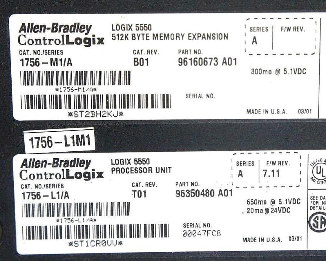 Used ALLEN BRADLEY 1756-L1/A PROCESSOR UNIT SER. A, F/W REV. 7.11 CAT REV. T01